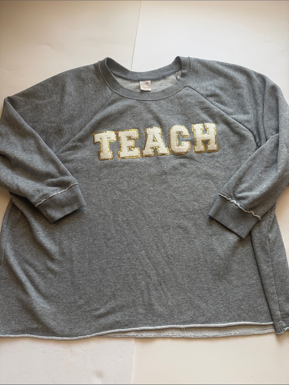 TEACH Varsity Chenille Patch Sweatshirt Gray Gold Glitter 2XL  secret treasures